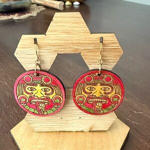 Aztec-Inspired Red and Green Earrings Lasercut Wood